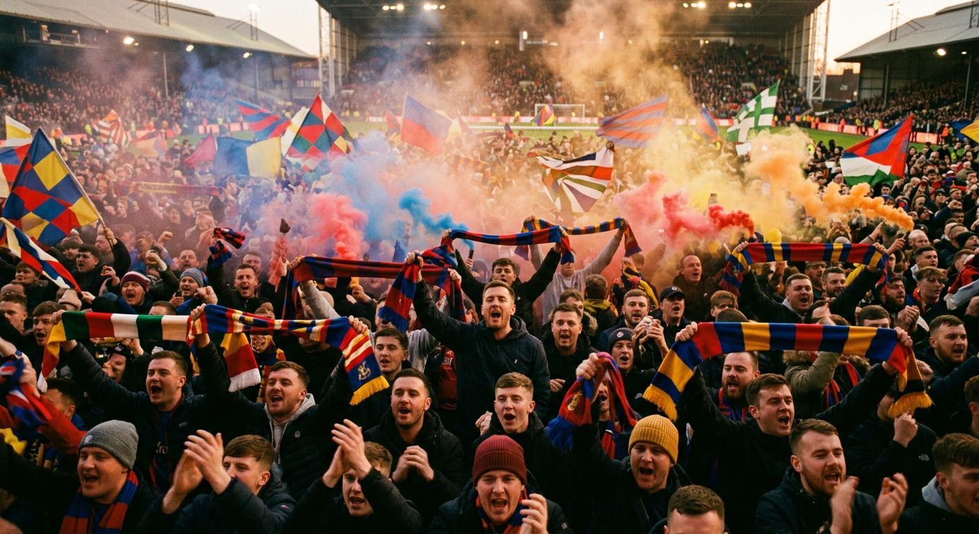 Supporters singing and waving scarves in a stadium
