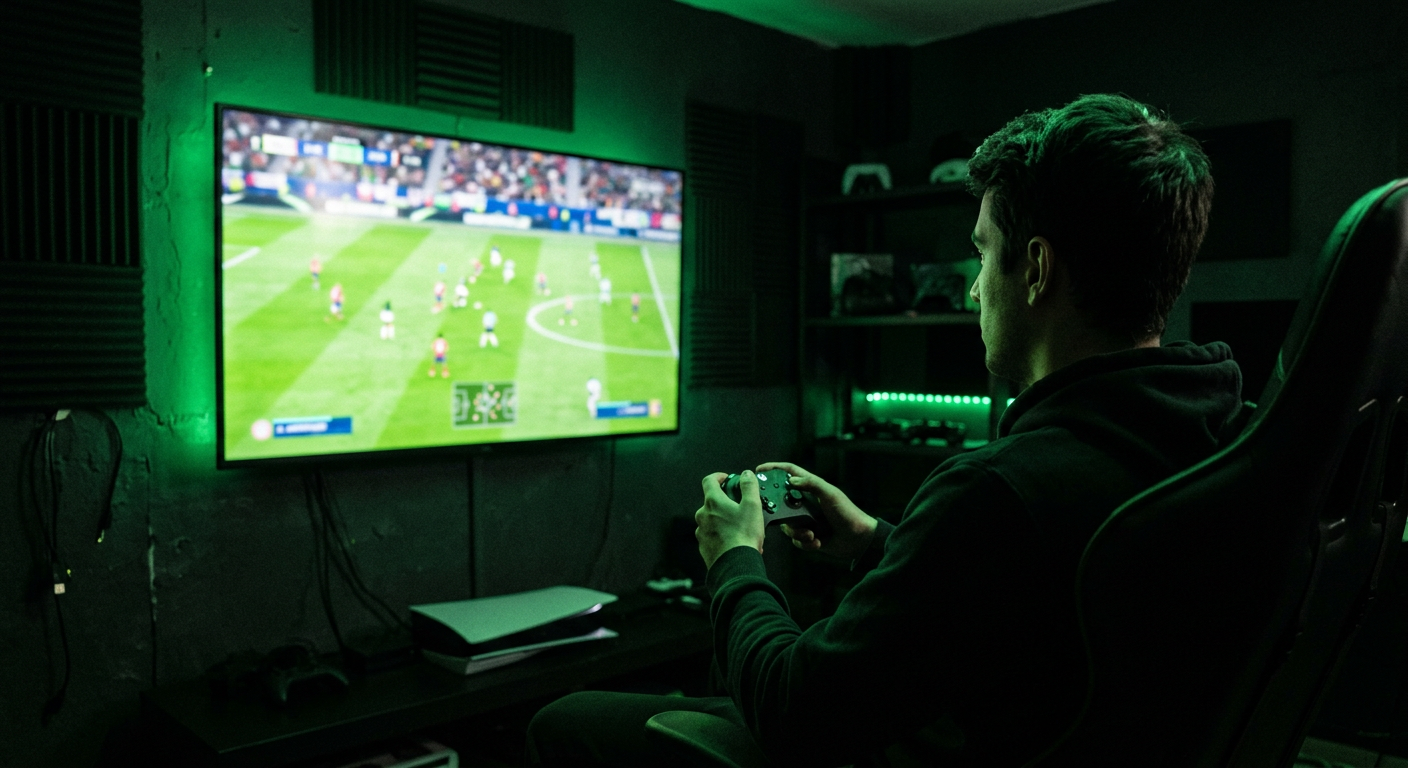 A gamer playing a football video game in a dark room lit by a green screen