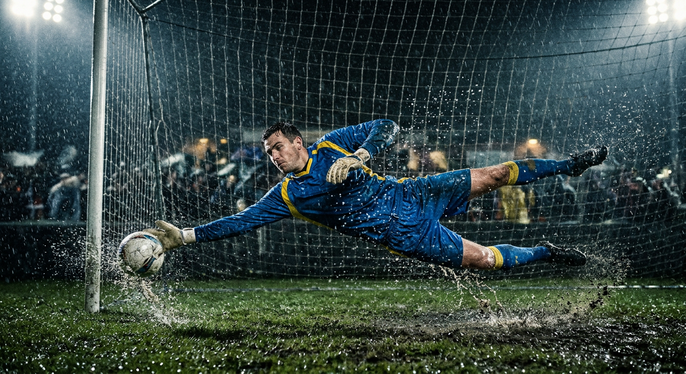 A goalkeeper making a diving save in the rain at night