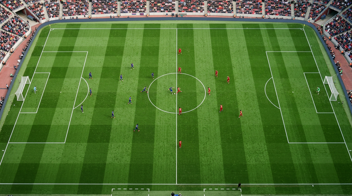 Aerial view of footballers in formation on a striped green pitch