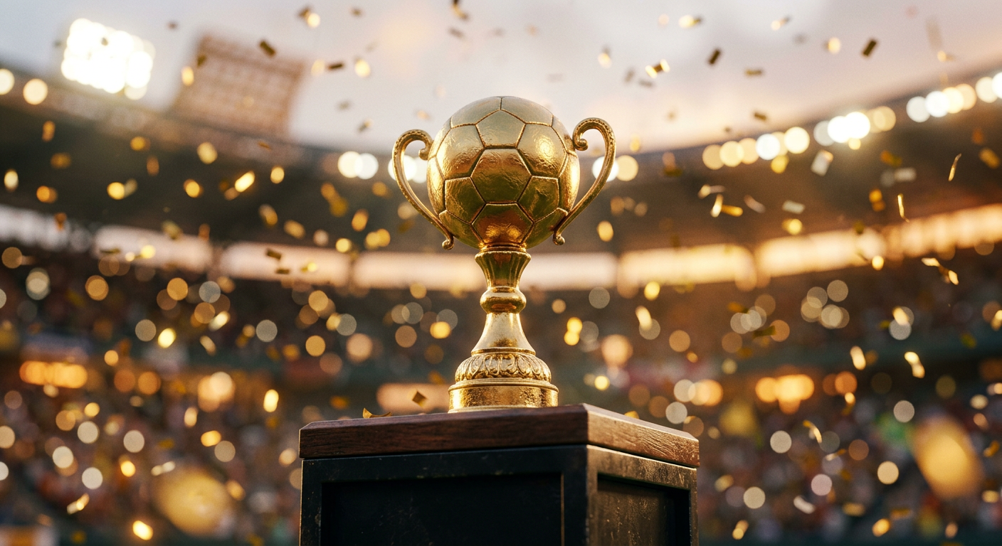 A golden football trophy on a pedestal under stadium lights