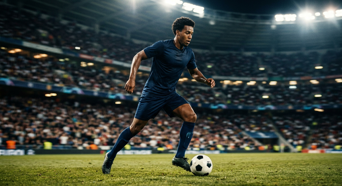 A young footballer dribbling the ball at speed under stadium lights